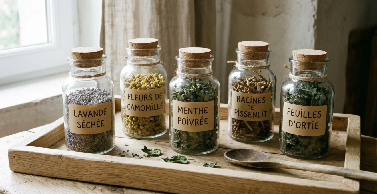 Bocaux en verre transparent contenant différentes plantes médicinales séchées disposés sur plateau en bois clair, éclairés par lumière naturelle douce