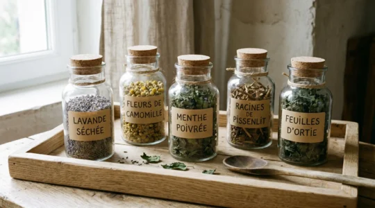Bocaux en verre transparent contenant différentes plantes médicinales séchées disposés sur plateau en bois clair, éclairés par lumière naturelle douce