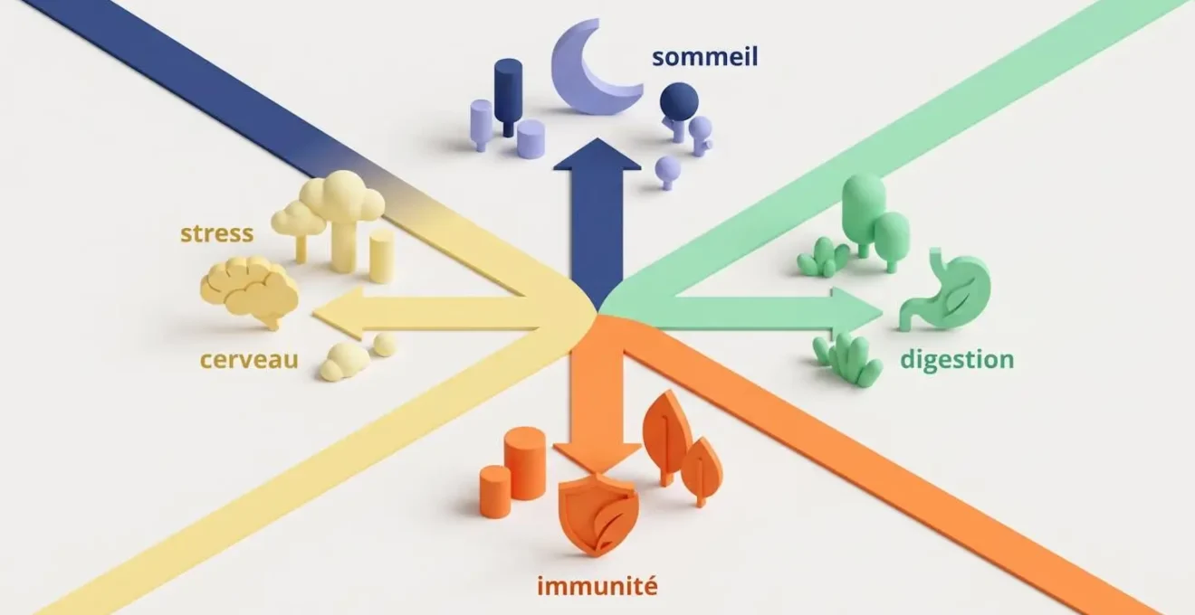 Schéma isométrique illustrant quatre chemins décisionnels menant vers différents besoins santé : sommeil, digestion, stress et immunité, avec plantes associées stylisées