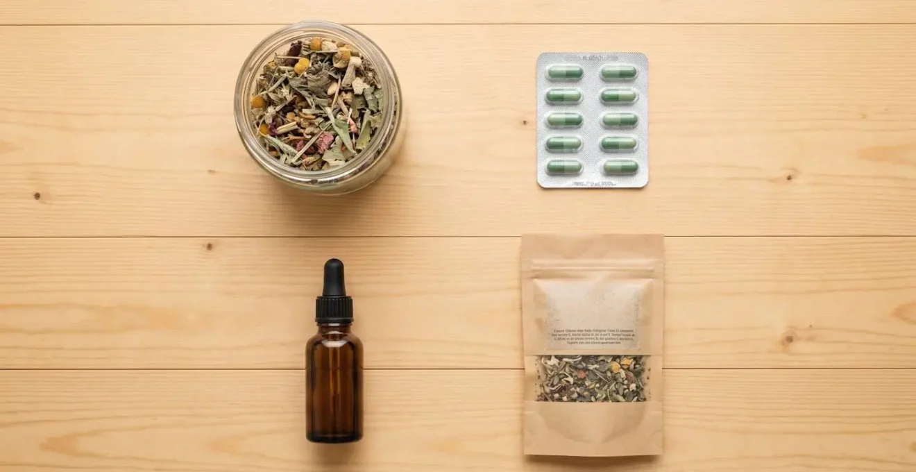 Vue en plongée de quatre formes galéniques de plantes médicinales disposées symétriquement sur plateau bois : bocal de plantes séchées, plaquette de gélules, flacon de teinture-mère et sachet de tisane